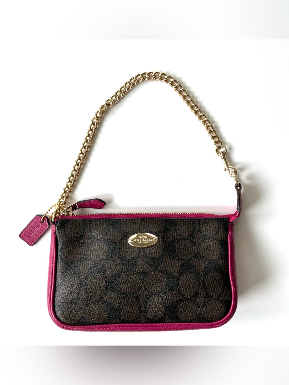 Coach Signature Large Wristlet 19 in Brown & Cranberry Pink - Style F64234. COA